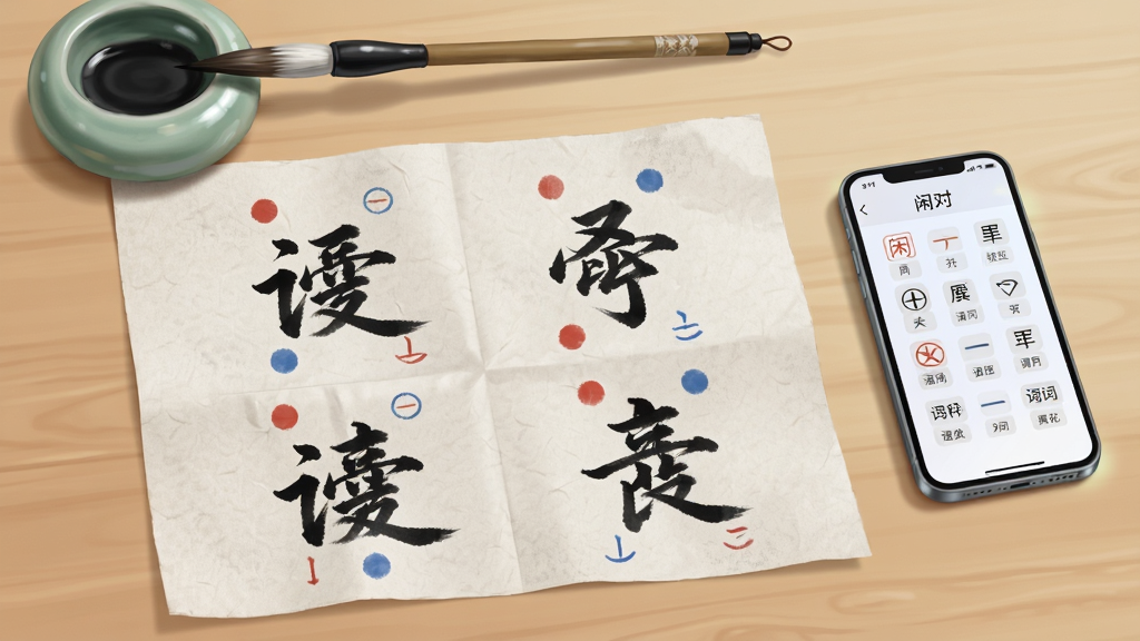 画面主体为一张浅色木质书桌,桌面上平铺一张宣纸,宣纸上写有上下两行对联文字,文字上方有红色与蓝色的小圆点标记平仄,宣纸右侧放置一部手机,手机屏幕显示“闲对”格律校验界面,界面中有平仄符号与词性标签,书桌左上角有一盏青瓷笔洗与一支毛笔,布局为宣纸居中偏左、手机居右,风格为静物写实插画,细节包括宣纸纤维纹理、墨色浓淡、手机屏幕微光、笔洗釉面反光,画质清晰干净,无多余元素