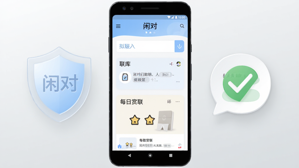 画面主体为一部竖屏安卓手机,手机屏幕显示“闲对”应用的主界面,界面中有拟联输入框、联库入口与每日赏联卡片,手机左侧悬浮一个半透明的盾牌图标表示安全防护,右侧有一个打勾的安装确认气泡,背景为浅灰渐变底色,布局为手机居中、图标左右对称点缀,风格为扁平化数码说明插画,细节包括屏幕内文字“闲对”、盾牌高光、气泡圆角阴影,画质清晰干净,无多余元素
