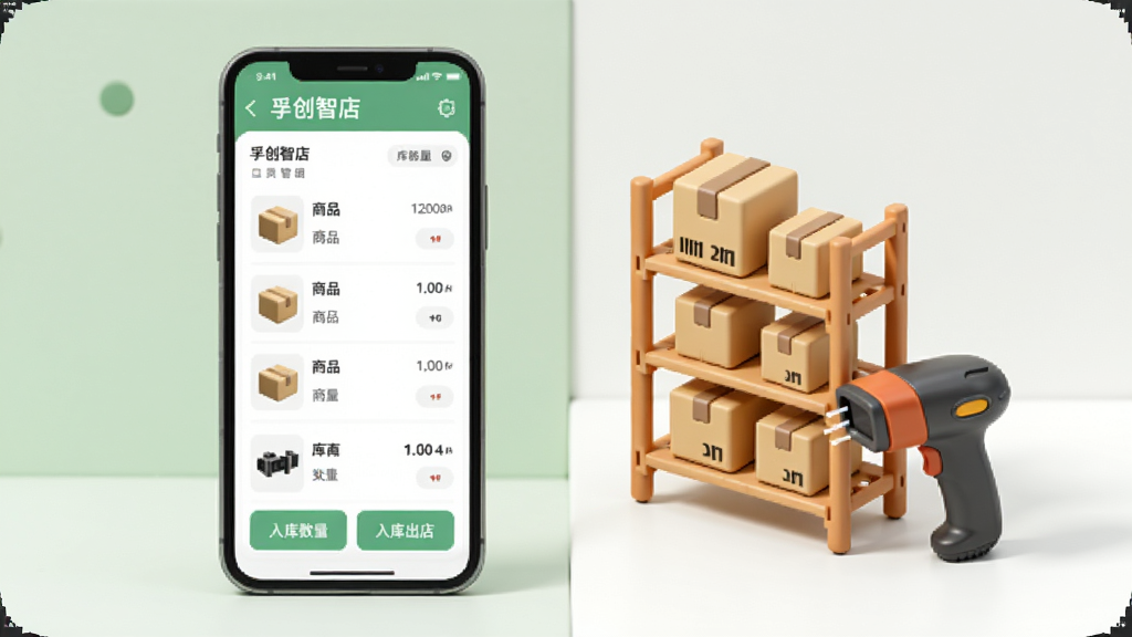 画面展示孚创智店库存管理界面,手机屏幕上有商品列表、库存数量与入库出库按钮,旁边以立体图标形式呈现纸箱、货架与扫码枪,背景为浅绿色与白色搭配,风格清新简洁,布局居中,细节丰富,画质清晰干净
