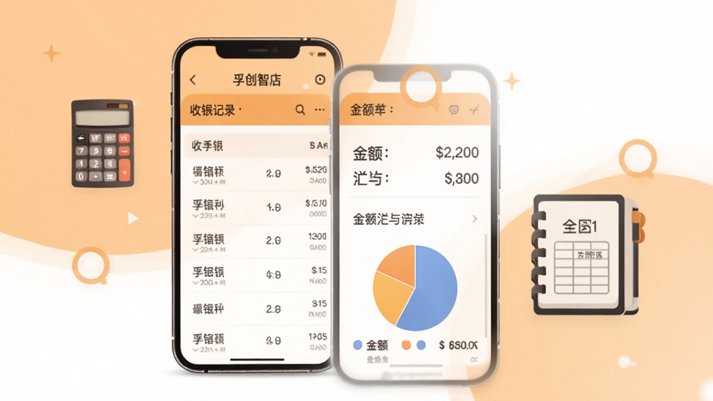 孚创智店财务对账页面展示在手机屏幕上,页面中有收银记录列表、金额汇总与饼状图,手机旁放置计算器与账本图标,背景为浅橙色与白色搭配,风格温和商务,布局居中,细节清晰,画质高清,无多余元素