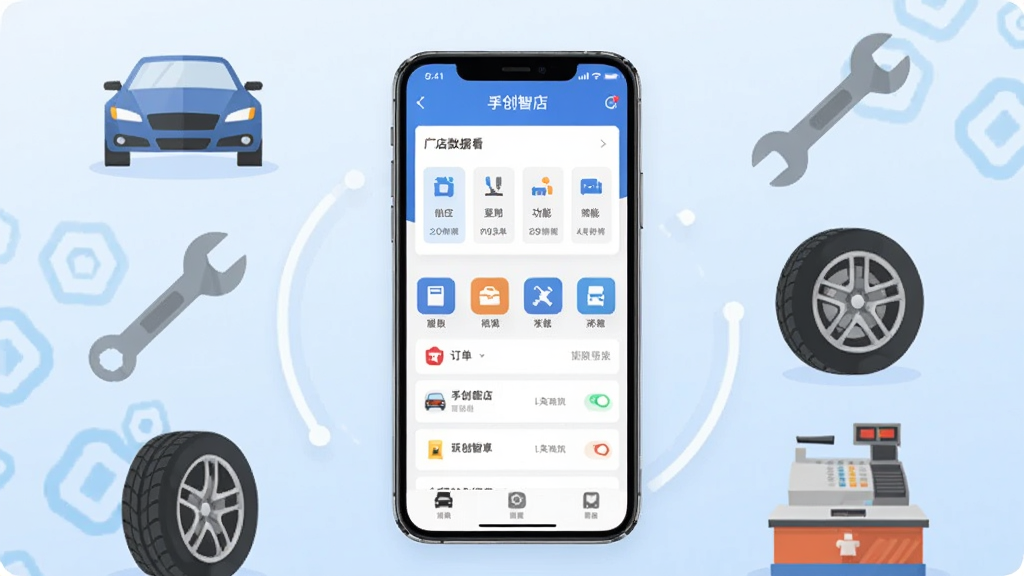画面中央展示一部智能手机,手机屏幕上显示孚创智店应用的主界面,界面包含门店数据看板、功能图标与订单列表,手机周围以扁平化风格环绕汽车、扳手、轮胎、收银台等元素,背景为浅蓝色渐变,整体布局居中对称,风格简洁现代商务,细节清晰,画质干净高清,无多余装饰元素