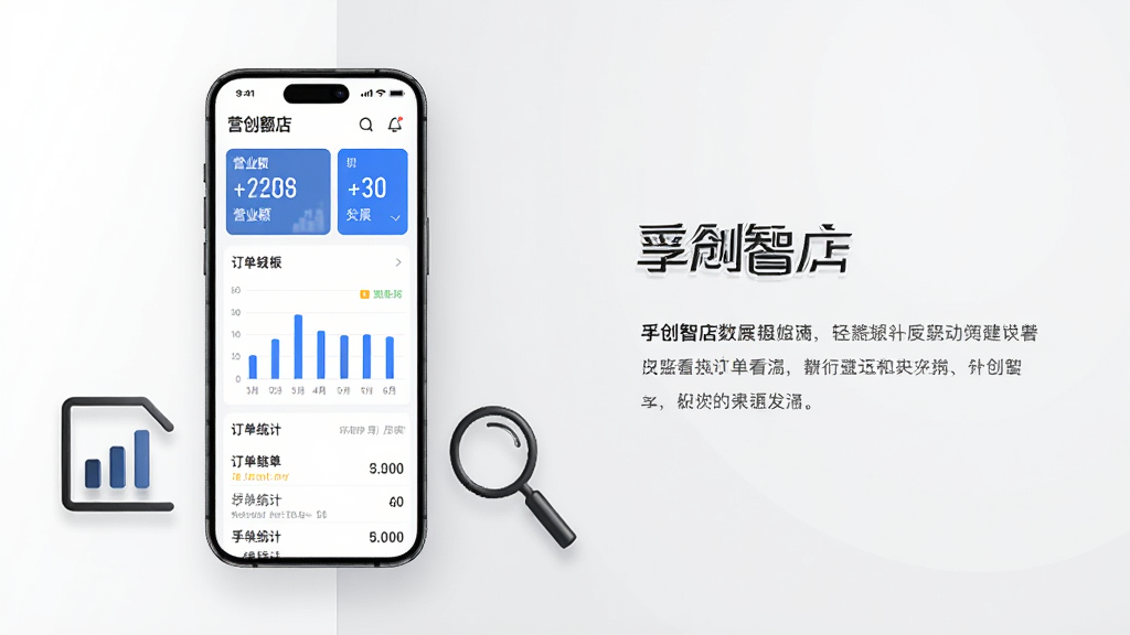 一部手机竖屏展示孚创智店的数据看板页面,页面中有营业额数字卡片、柱状图与订单统计列表,手机旁边放置一个简洁的图表图标与放大镜,背景为白色与浅灰色搭配,风格干净商务,布局左图右文,细节清晰,画质高清,画面无杂乱元素