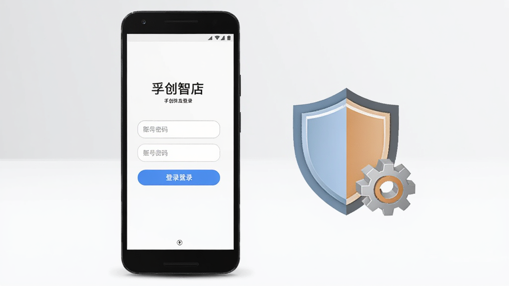 一部安卓手机屏幕显示孚创智店登录界面,界面简洁有账号密码输入框与登录按钮,手机旁边放置盾牌与齿轮图标象征安全与设置,背景为浅灰色与白色搭配,风格清爽实用,布局居中,细节清晰,画质干净高清