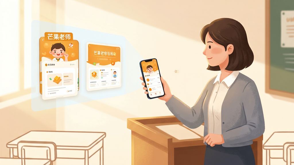画面主体为一位教师站在教室讲台旁手持手机操作,手机屏幕投射出“芒果老师”界面与教学素材卡片,前方有简约的学生课桌轮廓;布局为人物与手机投影左右呼应;风格为温暖教育场景插画;细节包含柔和光线、浅色教室背景、清晰的应用界面元素;画质高清、干净、无多余元素
