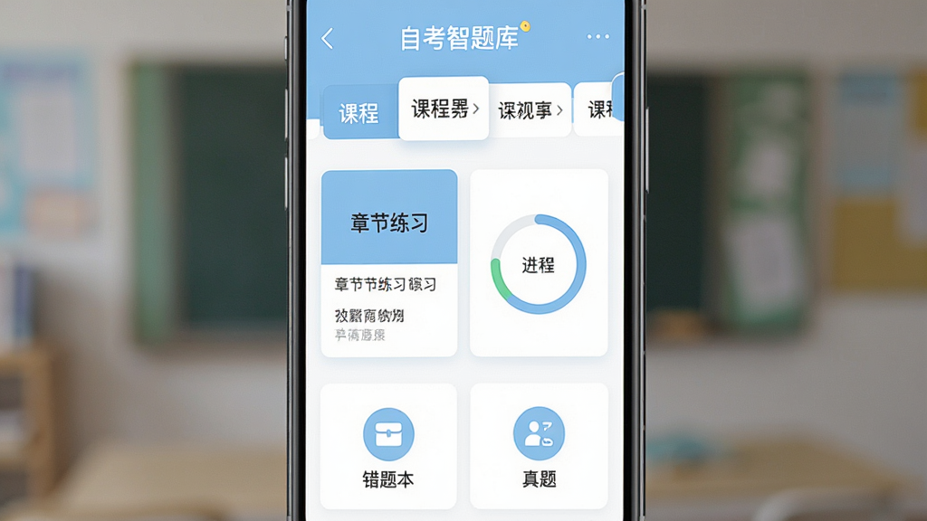 手机屏幕居中展示“自考智题库”应用主界面,上方为课程选择栏,中部为章节练习卡片与进度环,下方为错题本与真题入口图标,整体布局清晰,扁平化教育类App风格,淡蓝色与白色配色,细节干净,画质高清,干净无多余元素
