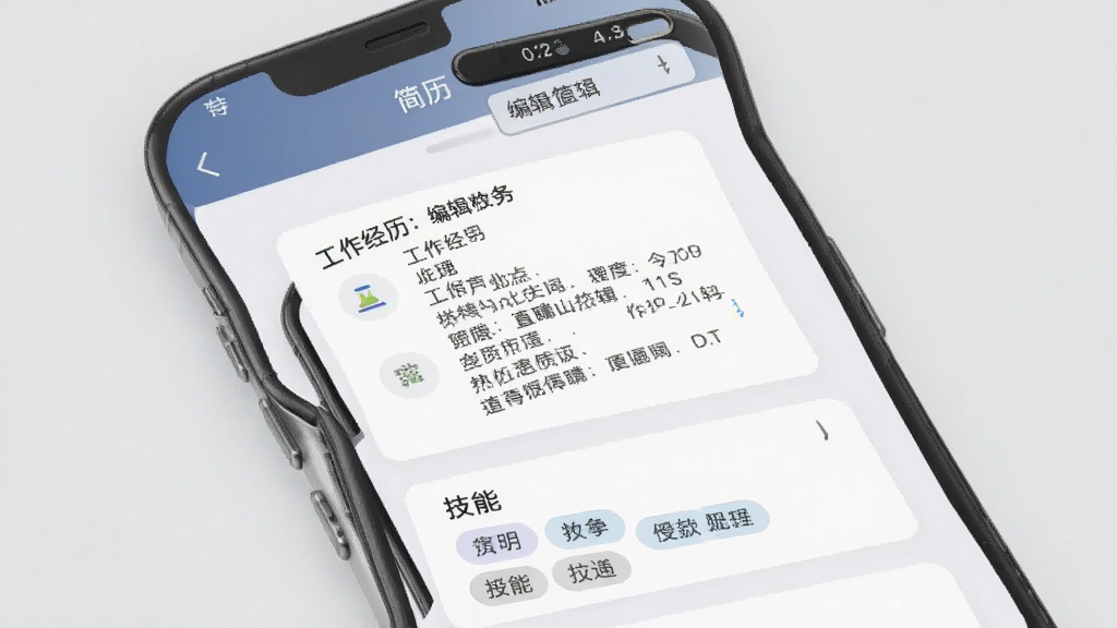 砀山直聘简历编辑页面,手机屏幕展示简历模块化编辑界面,包含工作经历卡片和技能标签,背景为浅灰色,风格商务简洁,画质清晰