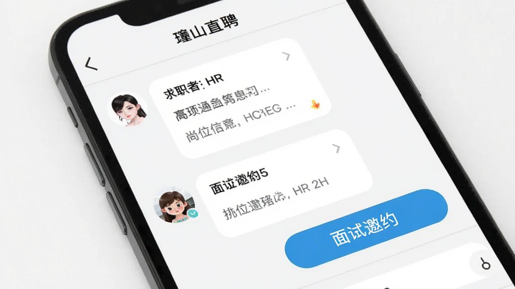 砀山直聘聊天沟通界面,手机屏幕显示求职者与HR对话气泡,包含岗位信息卡片和面试邀约按钮,背景为白色,风格清爽,画质干净