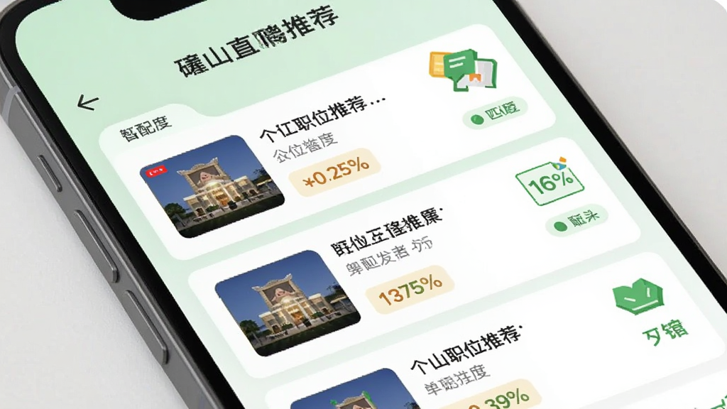 砀山直聘智能推荐界面展示,手机屏幕中显示个性化职位推荐列表,带有匹配度百分比标签,背景为淡绿色,风格现代简约,画质清晰干净