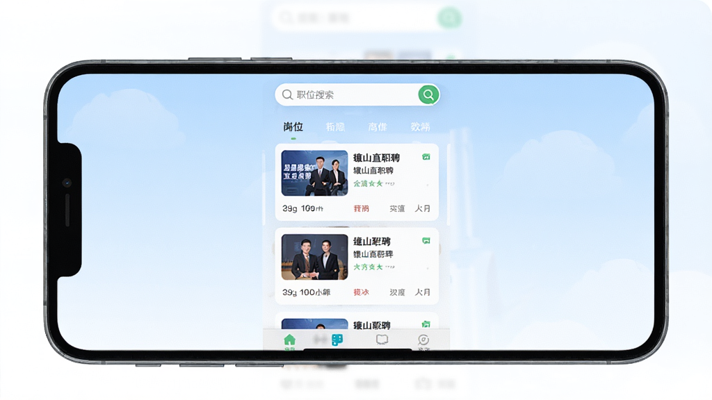砀山直聘应用主界面截图,手机屏幕居中展示,界面包含职位搜索栏、岗位列表卡片、底部导航栏,背景为浅蓝色渐变,风格简洁清爽,细节清晰,画质干净无多余元素