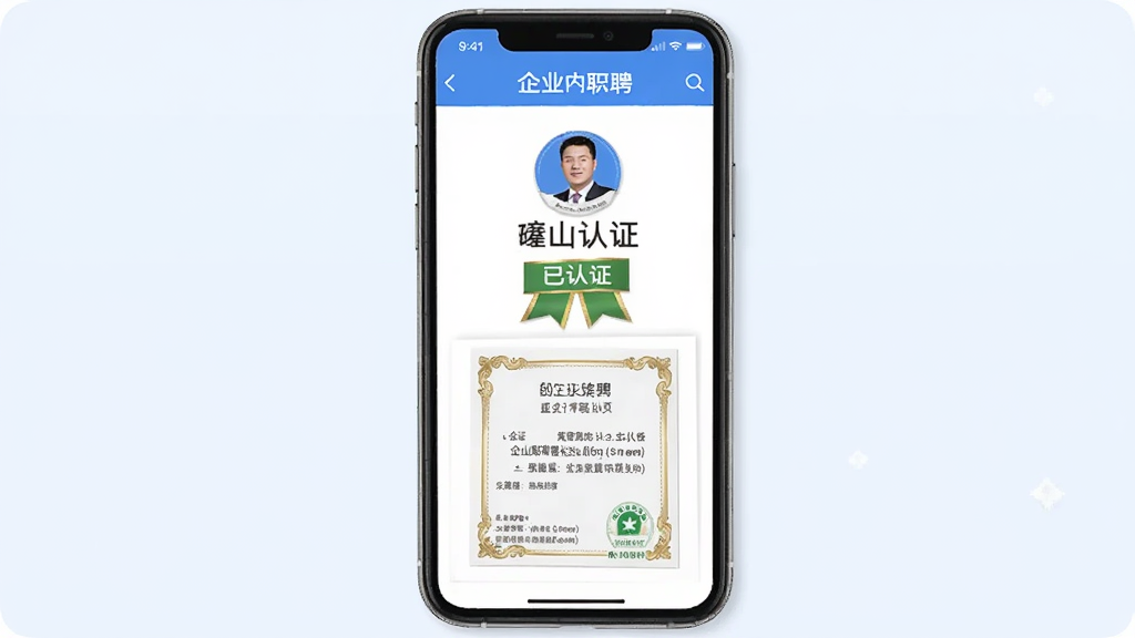砀山直聘企业认证标识展示,手机屏幕显示企业主页带有已认证徽章和营业执照缩略图,背景为淡蓝色,风格正式,画质干净