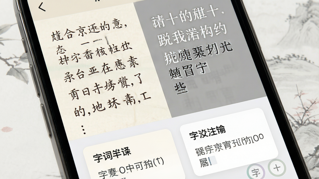 一张古文翻译器功能展示图,画面为手机屏幕特写,屏幕内呈现文言文原文与白话文翻译左右对照的界面,下方有字词注释卡片,整体配色柔和,风格简洁,布局清晰,细节精致,画质高清,干净无多余元素