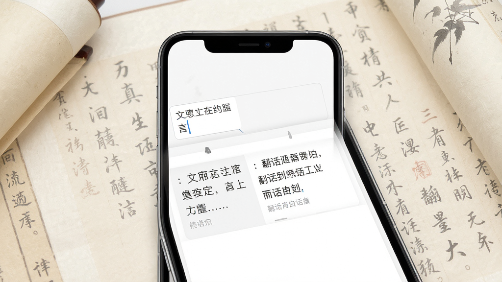 一张展示古文翻译器手机应用界面的高清产品预览图,画面中央是手机屏幕,屏幕内显示文言文输入框与白话文翻译结果对照排版,界面干净整洁,背景为浅米色书卷纹理,风格简约现代,细节清晰,画质锐利,干净无多余元素