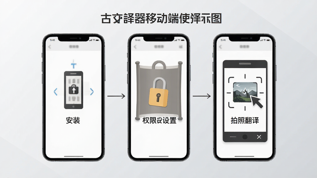 一张古文翻译器移动端使用教程示意图,画面为手机屏幕分步操作展示,包含安装、权限设置、拍照翻译三个步骤图标,背景为浅灰色渐变,风格扁平化,布局规整,细节清晰,画质干净,无多余元素