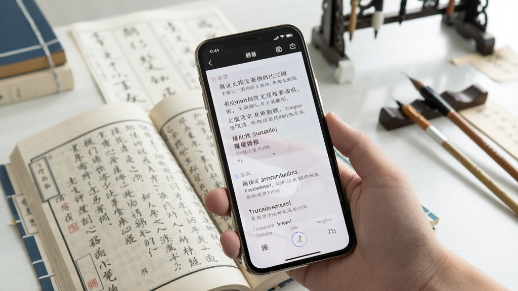 一张古文翻译器拍照翻译功能的场景示意图,画面中一只手拿着手机对准一本打开的文言文书籍,手机屏幕上显示识别后的文字与翻译结果,背景为书桌与文具,风格写实清新,布局自然,细节丰富,画质清晰,干净无多余元素