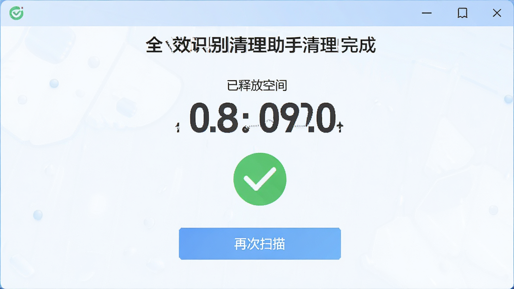 全效识别清理助手清理完成页面,显示已释放空间数字和绿色对勾图标,下方有“再次扫描”按钮,背景干净明亮,画质清晰,无杂乱元素