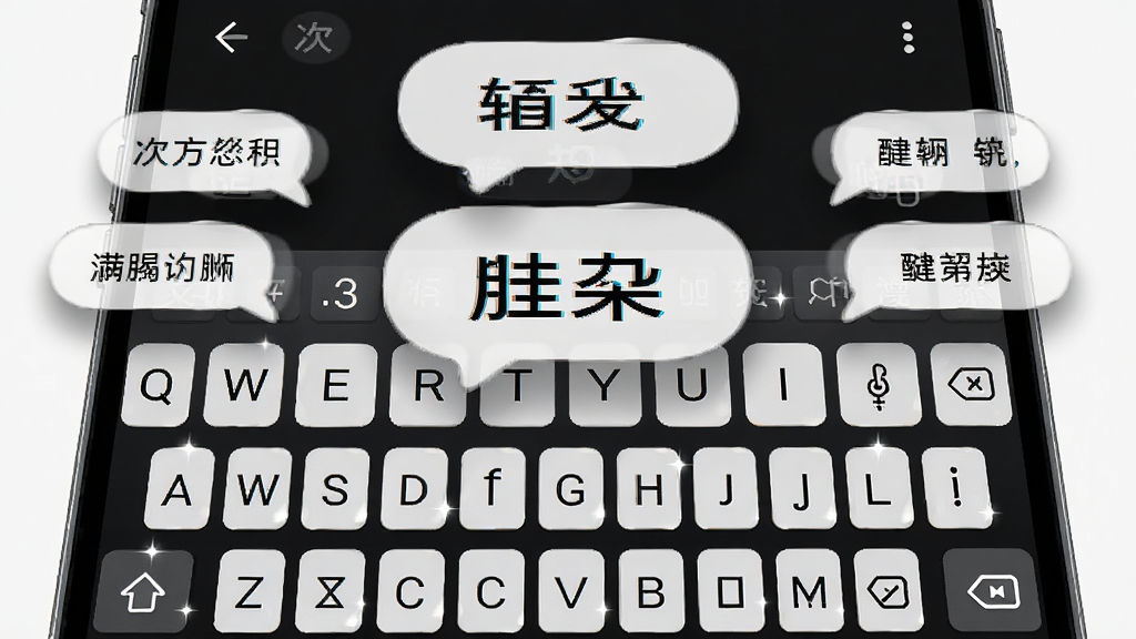 画面主体为一部手机屏幕特写,屏幕中显示Z次方输入法的候选词联想界面,多个词语气泡从键盘上方飘出,布局居中对称,排版突出候选词区域,风格现代简约,细节包含按键高光与气泡阴影,画质清晰,画面干净,无多余元素