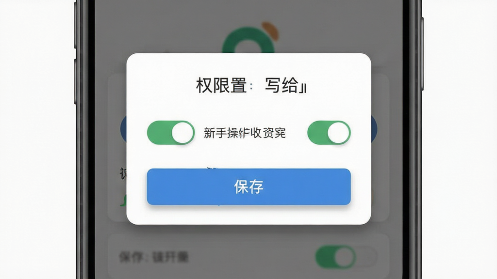 软件「写给」新手操作引导界面展示,主体为手机屏幕中的权限设置与保存提示弹窗,布局为居中弹窗叠加半透明遮罩,排版简洁明了,风格为扁平化提示卡片设计,细节包含权限开关示意、保存按钮、柔和阴影,画质清晰,画面干净,无杂乱背景