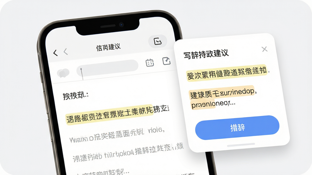 软件「写给」功能界面展示,主体为手机屏幕特写,画面中呈现信件编辑页面与侧边弹出的措辞建议卡片,布局为左右分栏结构,排版层次分明,风格为现代简洁的卡片式设计,细节包含高亮标注的建议词条、柔和阴影、圆角按钮,画质高清,画面干净,无杂乱元素