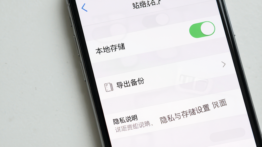 软件「写给」隐私与存储设置界面展示,主体为手机屏幕中的设置页面,画面呈现本地存储开关、导出备份选项与隐私说明条目,布局为纵向列表结构,排版整齐规范,风格为素雅浅色系极简设计,细节包含灰色分隔线、简洁图标、柔和底色,画质清晰,画面干净,无多余元素