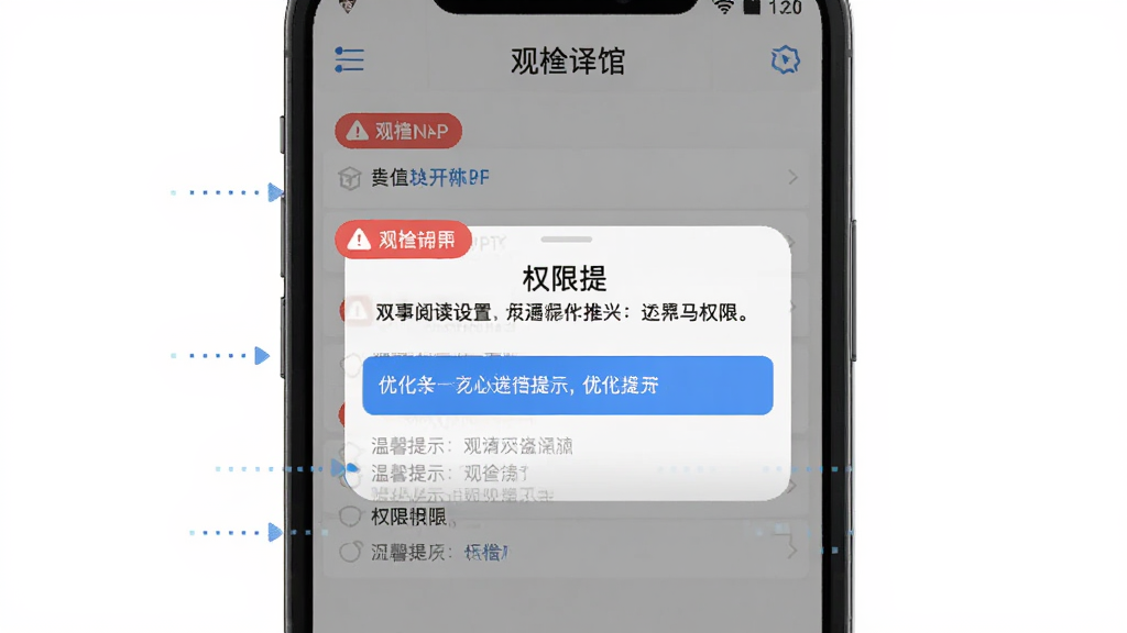 画面主体为手机屏幕显示“观槎译馆”阅读设置面板与权限提示弹窗,布局为居中展示,风格为扁平化教程示意图,细节包括红色警示标签、蓝色优化提示条、灰色温馨提示文字,画质清晰干净,无多余装饰