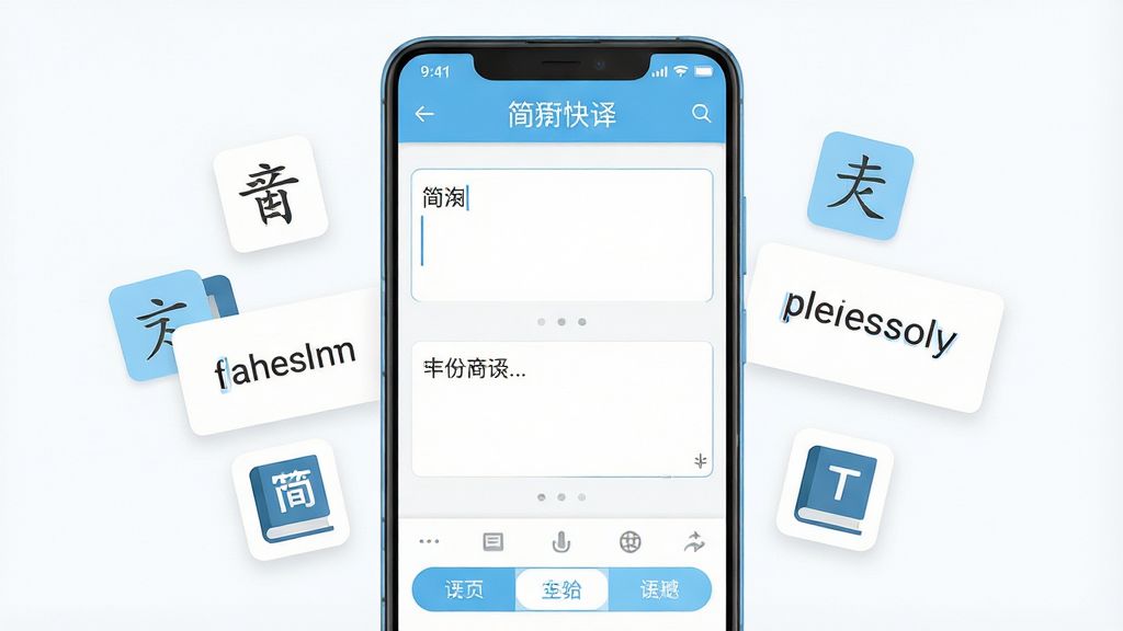 画面中央放置一部竖屏安卓手机,手机屏幕上显示简珩快译的翻译主界面,顶部有“简珩快译”软件名称字样,中间是上下两个输入输出文本框,底部是语言切换按钮;手机左右两侧漂浮着中英文字符卡片与词典图标;整体采用浅蓝与白色为主的扁平化UI风格,背景干净留白充足,细节清晰锐利,画质高清,画面干净,无多余元素