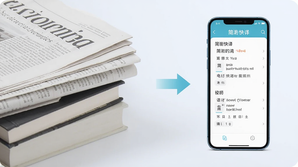 一张横向构图的产品功能展示图,画面左侧是一叠英文报纸与书籍,右侧是一部显示简珩快译界面的手机,手机屏幕上有“简珩快译”字样与中英对照的翻译结果,中间用箭头元素连接表示语言转换;整体风格清新明亮,浅色背景,构图平衡,细节丰富,画质高清,画面干净,无多余元素