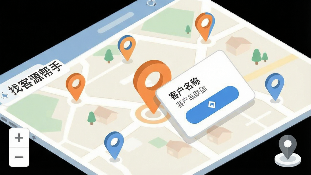 一幅地图主题插画,画面为“找客源帮手”软件的地图界面,浅色地图底图上分布着多个橙色与蓝色定位标记点,其中一个标记点被放大并弹出信息卡片,卡片上显示客户名称与导航按钮,画面左下角有缩放控件,右下角有定位图标,整体采用等距视角的扁平插画风格,配色清爽,布局疏密有致,细节清晰,画质干净,无多余文字装饰