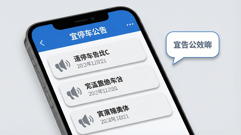 手机屏幕展示“宜停车”公告列表页面,页面顶部为蓝色标题栏,下方依次排列三条公告卡片,每条卡片左侧有喇叭图标,右侧为标题文字和日期;背景为浅灰色,手机旁放置一个信息提示气泡;整体风格简洁商务,配色以蓝灰为主;细节包括卡片圆角、分割线和图标阴影;画质干净清晰,无多余元素
