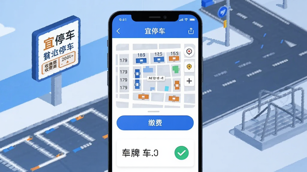 画面中央放置一部智能手机,屏幕显示“宜停车”应用主界面,界面上方为蓝色导航栏,中间是地图车位分布示意图,下方为缴费按钮和车牌信息卡片;手机周围环绕停车位标线、收费公示牌和城市道路元素;整体采用扁平化插画风格,色调以蓝白为主搭配少量橙色点缀;细节包括清晰的车位编号、收费时段标识和支付成功对勾图标;画质干净清晰,无多余杂乱元素,适合软件下载站展示
