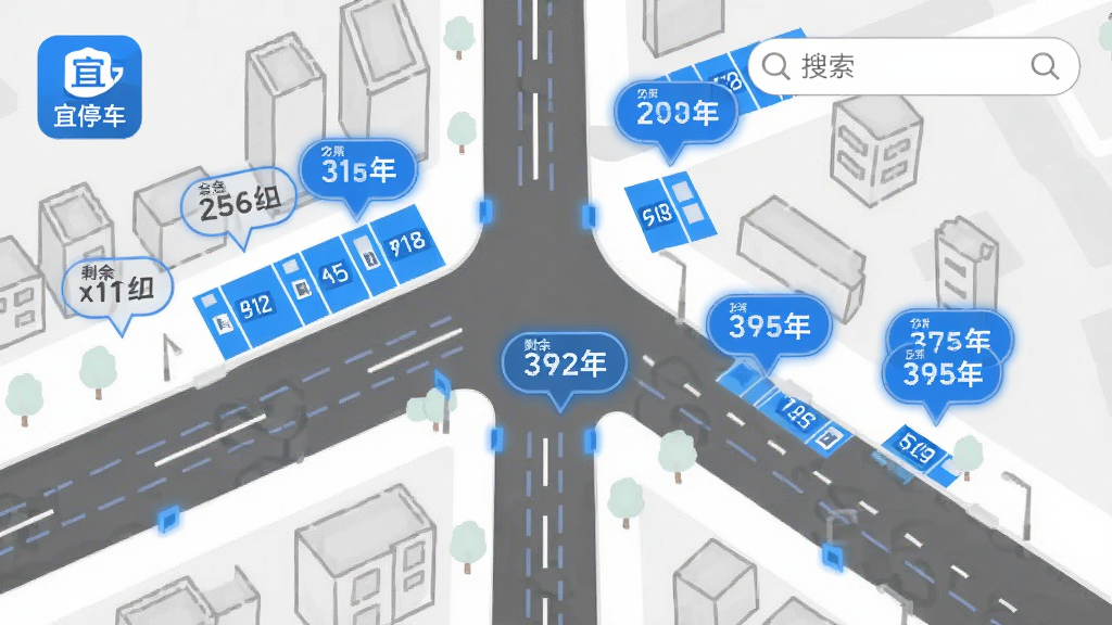 俯视视角的城市街区地图插画,地图上用蓝色高亮标注多个路边停车位,每个车位上方悬浮数字标签显示剩余车位数量,一侧有“宜停车”应用图标和搜索框元素;布局为地图占满画面,车位信息以气泡形式分布;风格为简洁矢量信息图,配色清爽;细节包括道路线条、建筑物轮廓和车位编号;画质干净,无多余装饰元素