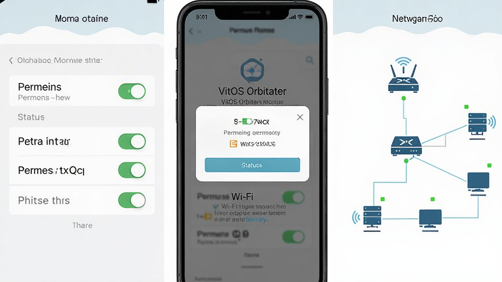 VitOS Orbiter移动端操作界面与网络设置示意图,主体为手机屏幕中展示的权限授权弹窗与Wi-Fi连接状态,布局为左右分栏,左侧为权限设置页面、右侧为网络拓扑简图,排版清晰直观,风格为扁平化说明图,细节包括权限开关图标、路由器与设备连线、状态指示灯,画质高清,画面干净整洁