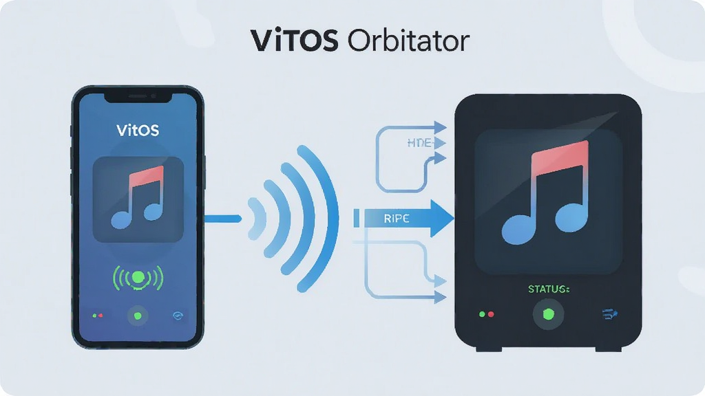 VitOS Orbiter通过局域网连接音乐服务器的场景示意图,主体为手机与网络音乐设备之间的无线连接关系,布局为左侧手机、右侧设备、中间以信号波纹相连,排版简洁明了,风格为扁平化科技插画,细节包括设备指示灯、连接状态图标与数据流动线条,画质清晰干净,无多余装饰元素