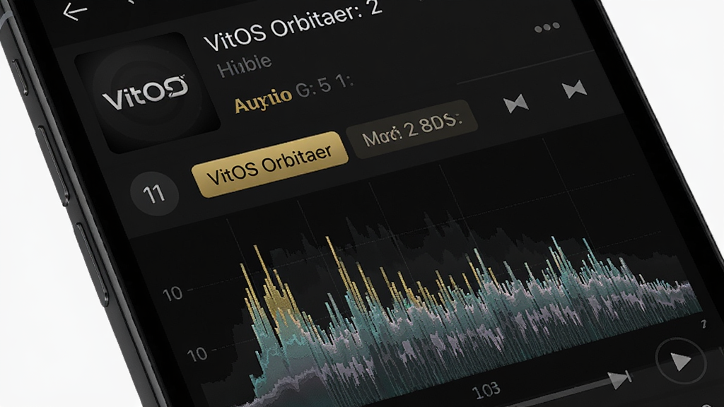VitOS Orbiter无损音频播放界面特写,主体为手机屏幕中显示的高解析音频格式标识与频谱可视化效果,布局为上下结构,上方为曲目信息与格式标签,下方为动态频谱条,排版紧凑有序,风格为暗色专业音频软件风格,细节包括金色高亮标签、细腻的频谱纹理与半透明层次感,画质高清,画面干净利落