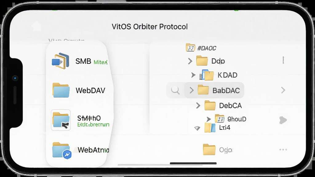 VitOS Orbiter网络存储协议挂载界面展示,主体为手机屏幕中显示SMB与WebDAV协议选项及文件夹目录结构,布局为列表式排列,排版清晰规整,风格为浅色系工具类应用界面,细节包括协议图标、文件夹缩略图与状态指示标签,画质锐利,画面干净无杂乱元素