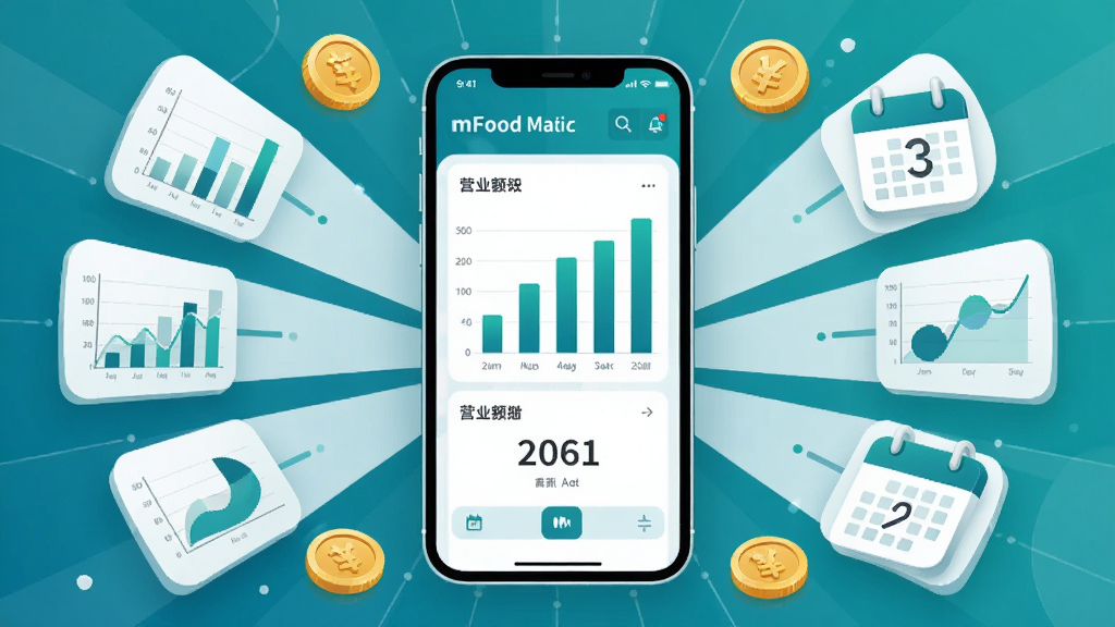 mFood商家版数据看板功能展示图,画面中央为手机屏幕显示柱状图与营业额数字,屏幕周围环绕数据图表、金币与日历图标,布局呈放射状围绕手机,风格为现代数据可视化插画风,配色以蓝绿色与白色为主,细节精致、画质干净、无多余装饰