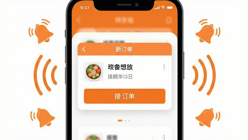 mFood商家版应用内订单提醒功能展示图,画面主体为手机屏幕特写,屏幕上弹出新订单通知卡片,卡片内包含菜品名称与接单按钮,四周环绕声波与铃铛图标象征实时提醒,布局居中对称,风格为清爽扁平插画风,配色以橙色与白色为主,细节干净、画质清晰、无杂乱元素