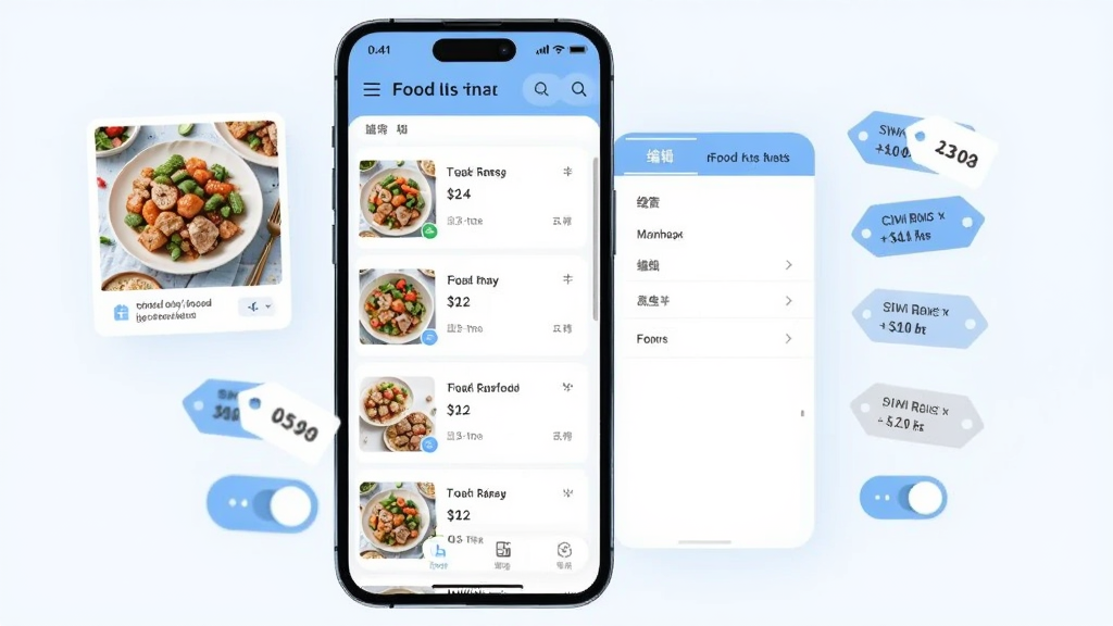 mFood商家版菜品管理界面示意图,画面展示手机屏幕内菜品列表与编辑面板,屏幕旁漂浮着菜品图片卡片、价格标签与开关按钮图标,布局为左右分栏展示,风格为简约商务插画风,色调以浅蓝与白色为主,细节清晰、画质干净、无多余元素