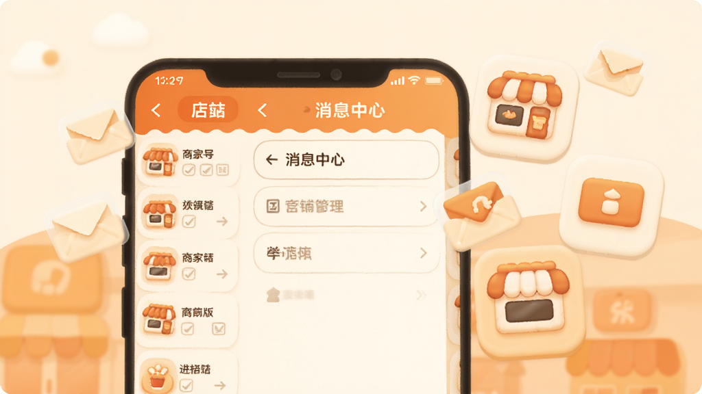 mFood商家版多店铺管理功能示意图,画面展示手机屏幕内店铺切换列表与消息中心界面,屏幕旁漂浮多个店铺图标与信封消息图标,布局为上下分层结构,风格为柔和圆角插画风,色调以暖橙与米白为主,细节清晰、画质干净、无杂乱元素