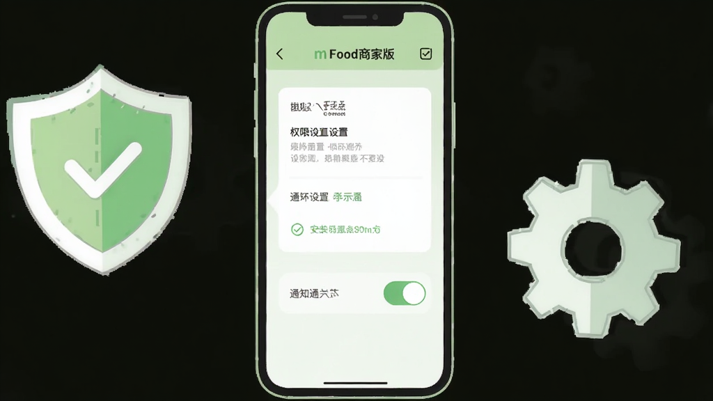 mFood商家版安装设置引导示意图,画面展示手机屏幕内权限设置页面与通知开关按钮,屏幕旁漂浮盾牌图标与齿轮图标象征安全设置,布局为居中构图,风格为清新扁平插画风,色调以浅绿与白色为主,细节清晰、画质干净、无多余元素
