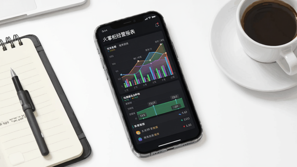 一张展示二维火掌柜经营报表界面的场景图,手机屏幕上显示折线图、柱状图和热销商品排行榜,手机放置在办公桌面上,旁边有笔记本和咖啡杯,布局为手机居中偏左、桌面元素自然延展,风格为现代商务插画,细节突出图表色彩层次和数据标签,画质清晰,画面干净整洁