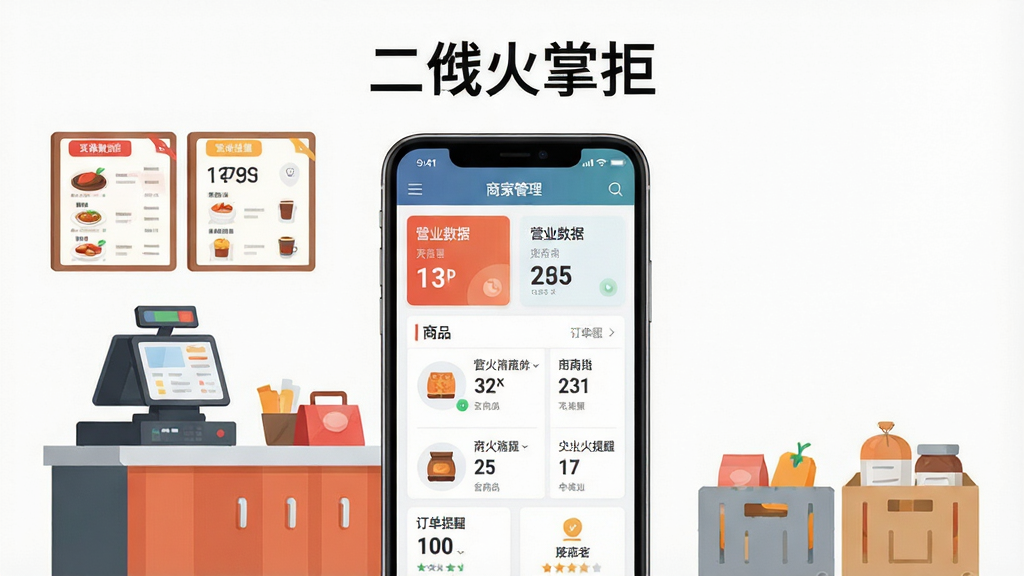一张展示二维火掌柜软件界面的手机场景图,画面中央是一部竖屏智能手机,屏幕上显示二维火掌柜的商家管理首页,包含营业数据卡片、商品列表和订单提醒模块,手机周围环绕着餐饮门店的收银台、菜单和库存箱元素,布局为居中构图,上方留白放置软件名称文字,风格为清爽的现代扁平化插画,细节包括清晰的图标和数字面板,画质高清,背景干净,无多余装饰元素