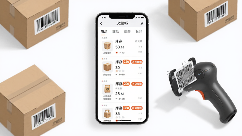 一张展示二维火掌柜商品库存管理界面的手机画面,手机屏幕中呈现商品列表、库存数量与补货提醒标签,手机旁摆放着贴有条码的商品包装盒和扫码设备,布局为手机居中、商品环绕的散点构图,风格为简洁的科技感插画,细节包括清晰的商品缩略图和库存数字,画质高清,背景干净,无多余元素