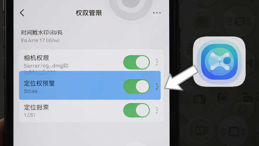 时间戳水印相机新手操作示意图,画面展示手机设置界面中权限管理页面,高亮标注相机权限与定位权限的开启开关,旁边有箭头指向应用图标,风格为教程指引风,细节包含权限开关清晰可见、界面布局整洁,画质高清,干净无多余元素