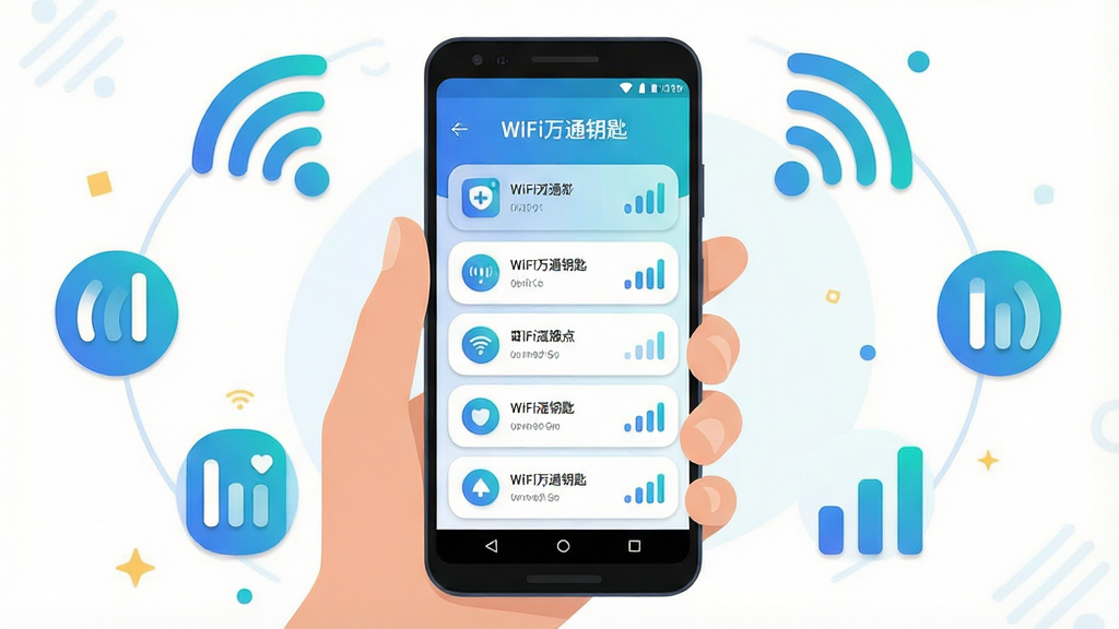 一张手机应用场景图,画面主体为一只手拿着安卓手机,手机屏幕显示“WiFi万通钥匙”的热点扫描列表,周围环绕着多个无线信号图标和信号强度条,布局为手机居中、图标环绕,风格为现代扁平插画,细节包含蓝色与青色渐变、圆角列表卡片,画质清晰干净,无多余元素