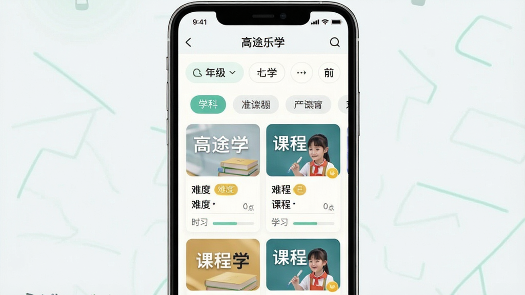 一张在线课程分类页面的示意图,画面主体为一部竖屏手机,屏幕中展示“高途乐学”课程分类界面,布局从上到下依次为年级选择栏、学科标签与课程卡片列表,风格为简洁清新的浅色教育应用风,细节包括课程封面、难度标签、时长信息与学习进度条,画质清晰干净,无多余元素