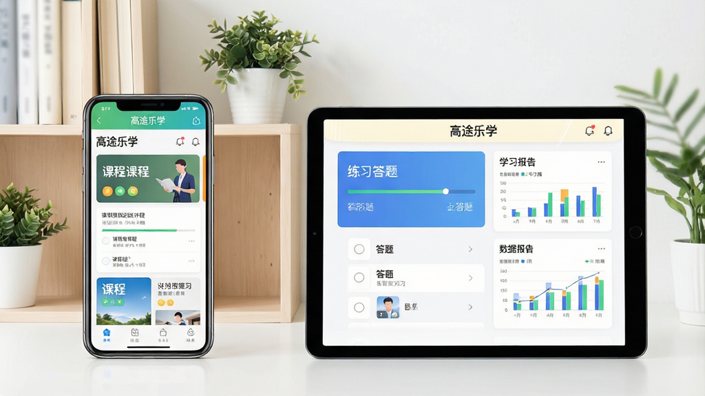 一张展示在线学习场景的横版图片,画面主体是一部智能手机与一台平板电脑并排放置,屏幕中显示课程列表、练习答题与学习报告界面,界面顶部带有“高途乐学”字样,整体布局左侧为手机、右侧为平板,中间用浅色书架与绿植点缀,风格为清爽明亮的现代教育科技风,细节包括课程卡片、进度条、答题选项与数据图表,画质清晰干净,无多余元素