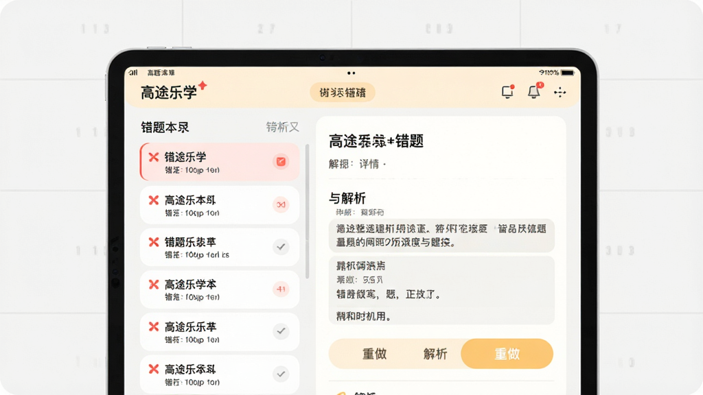 一张错题整理界面的示意图,画面主体为平板电脑屏幕,屏幕中展示“高途乐学”错题本页面,布局左侧为错题列表、右侧为题目详情与解析区域,风格为柔和圆角的浅色学习工具风,细节包括红色错题标记、解析文字块与重做按钮,画质清晰干净,无多余元素