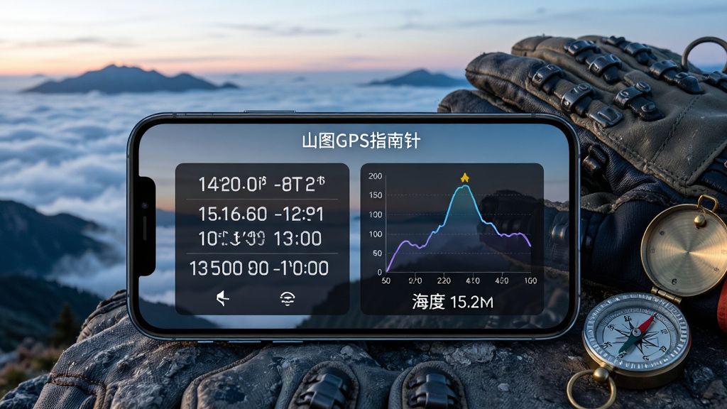 画面主体为一部横屏手机,屏幕分为左右两块区域,左侧显示经纬度坐标数字面板,右侧显示海拔高度曲线与当前数值,手机旁放置一只登山手套与一枚小型指南针实物;背景为清晨山顶的云海与远山轮廓;整体采用户外纪实风格,色调偏冷峻清爽,细节丰富,画质高清,屏幕上方以细体白字标注