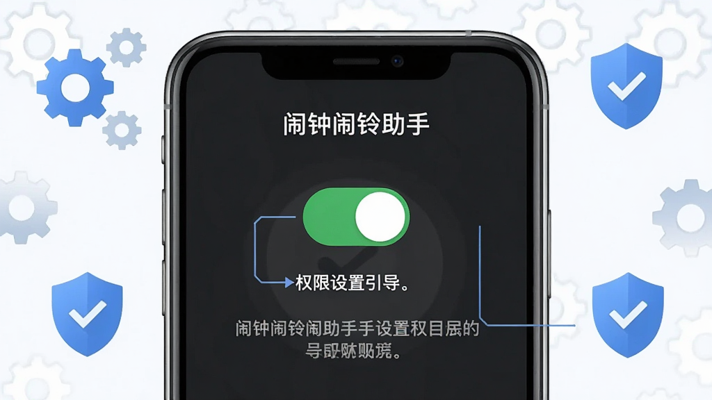 主体为手机屏幕显示闹钟闹铃助手的权限设置引导页面,画面中有权限开关图标和提示文字。布局为手机居中,周围有齿轮和盾牌图标点缀。排版清晰,风格为简洁说明性信息图风格,细节包含“闹钟闹铃助手”软件名称和权限设置文字,画质高清,画面干净,无多余元素