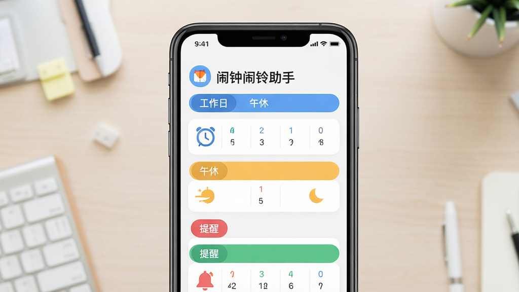 主体为手机界面展示闹钟闹铃助手的分组管理页面,屏幕上有“工作日”“午休”“提醒”等多个彩色标签分组。布局为手机正面居中,背景为浅色办公桌面。排版整洁,风格为简约商务扁平风,细节包含清晰的“闹钟闹铃助手”标题文字和分组图标,画质高清,画面干净,无多余元素